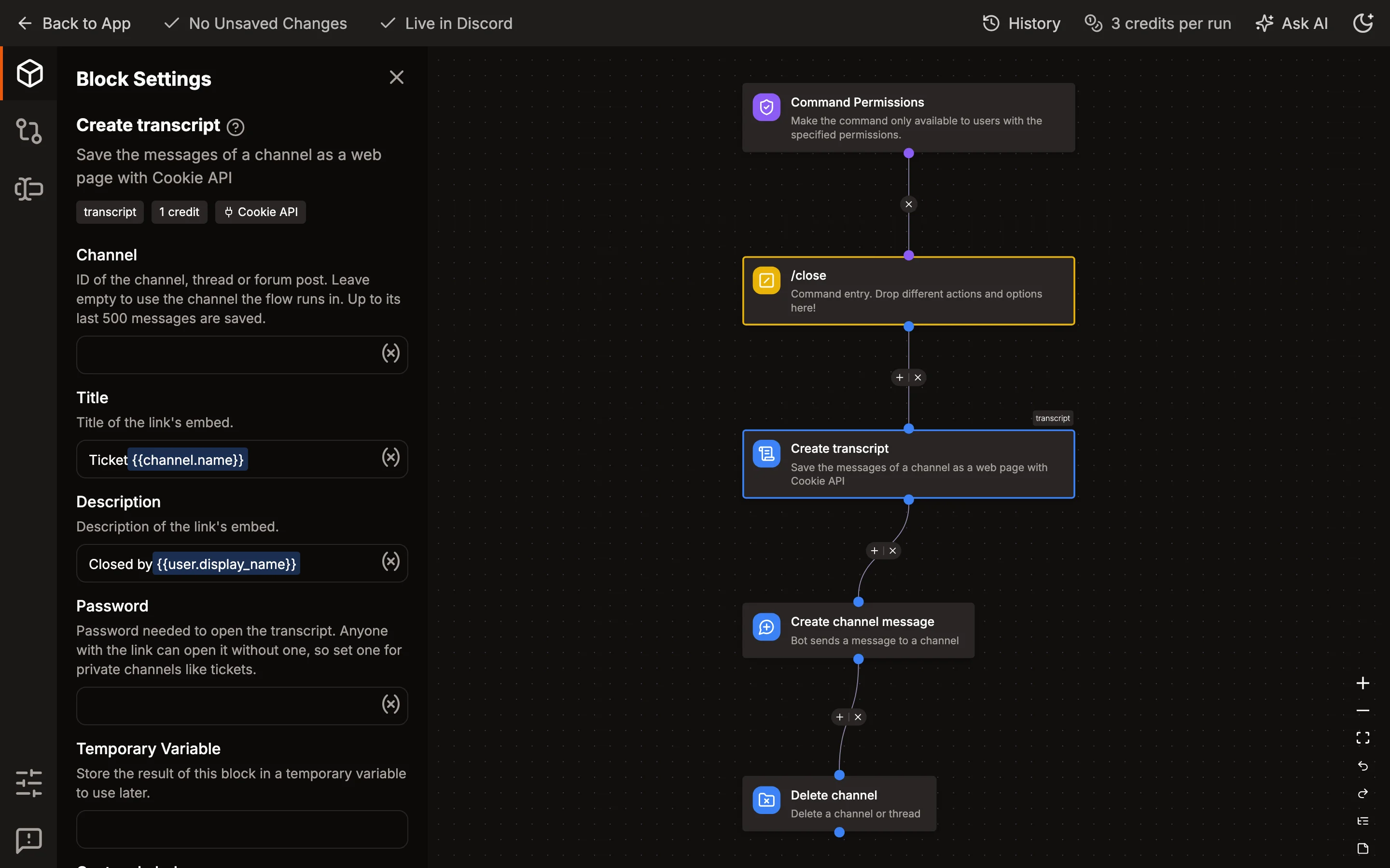 The /close command with Create transcript selected