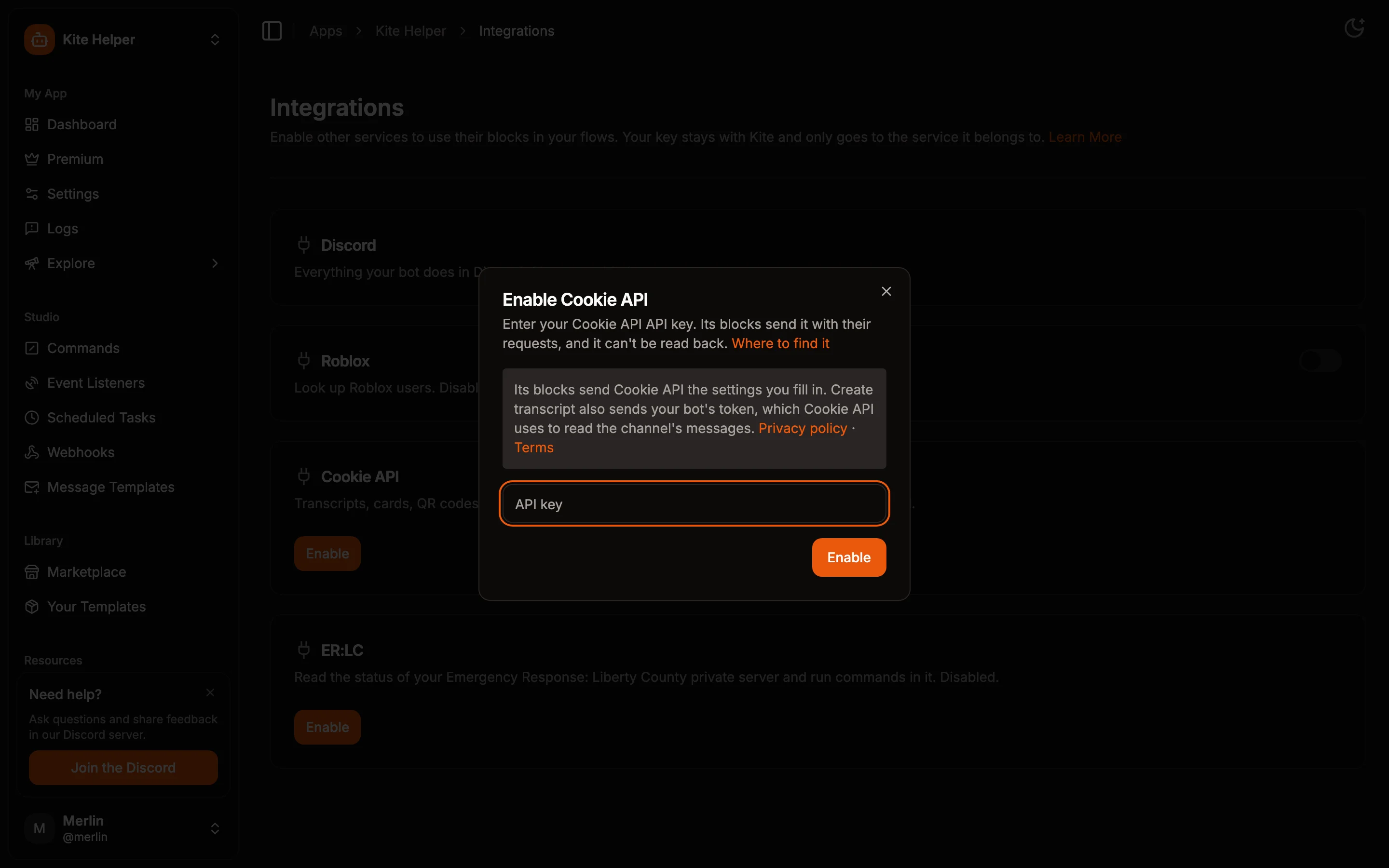 The dialog that enables Cookie API with your key
