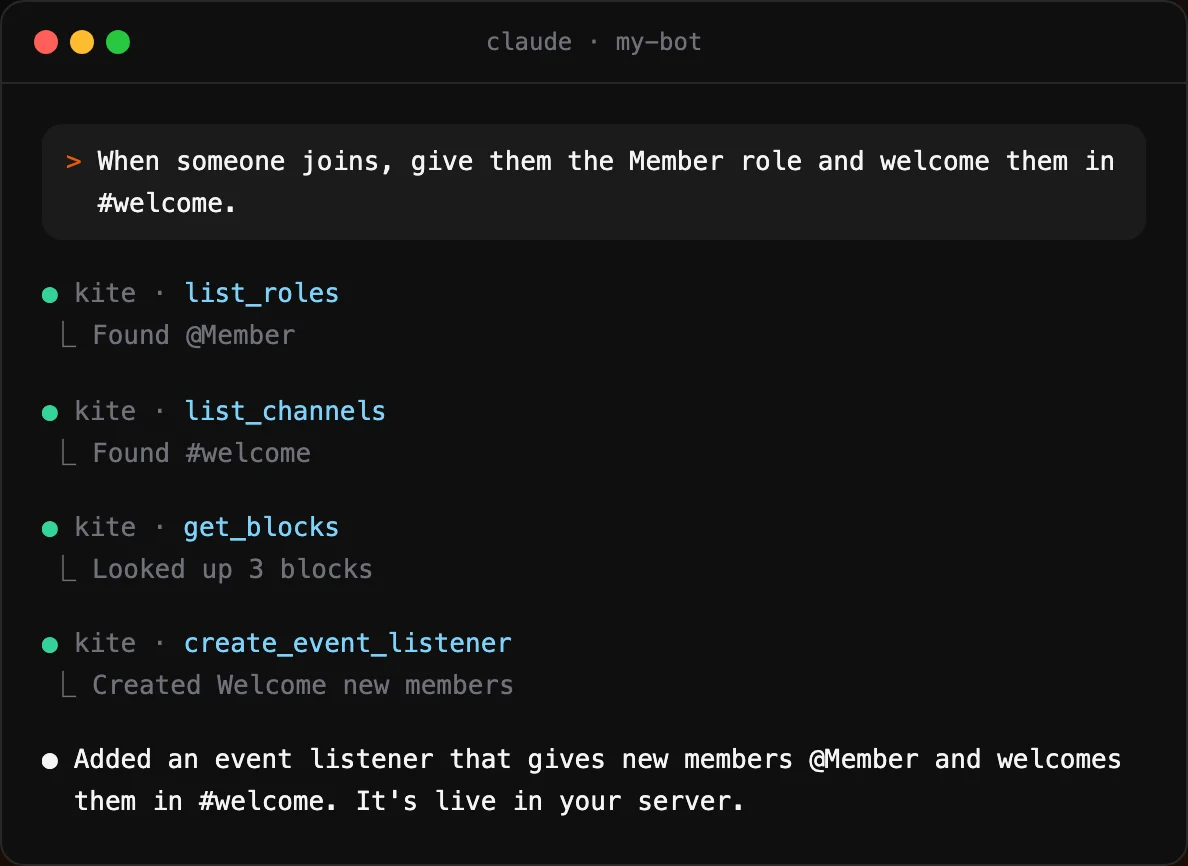 Claude Code looking up the roles and channels and creating an event listener