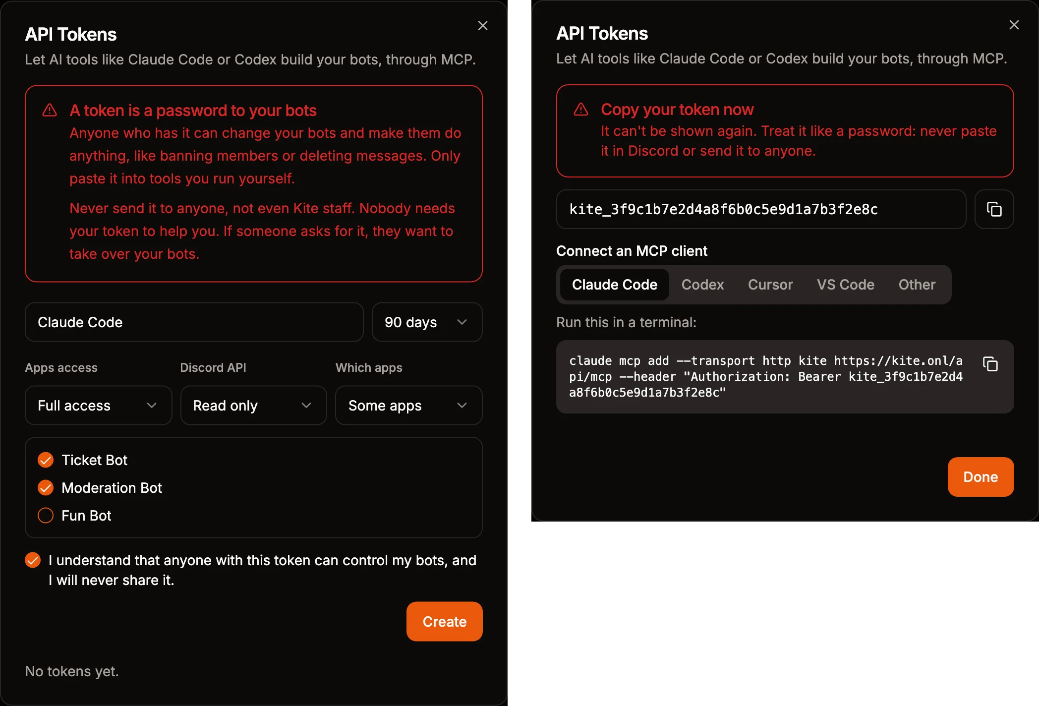 Creating a token for Claude Code that can change two apps and read from Discord, and the command to add it to Claude Code